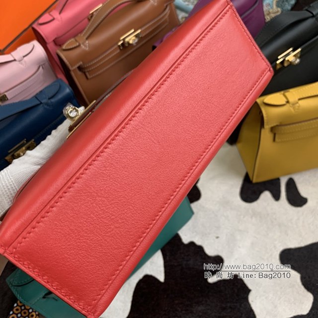 Hermes凱利女包 愛馬仕Minikelly pochette一代 原廠進口swift皮 半手工蠟線 國旗紅 金銀扣  tdh2271